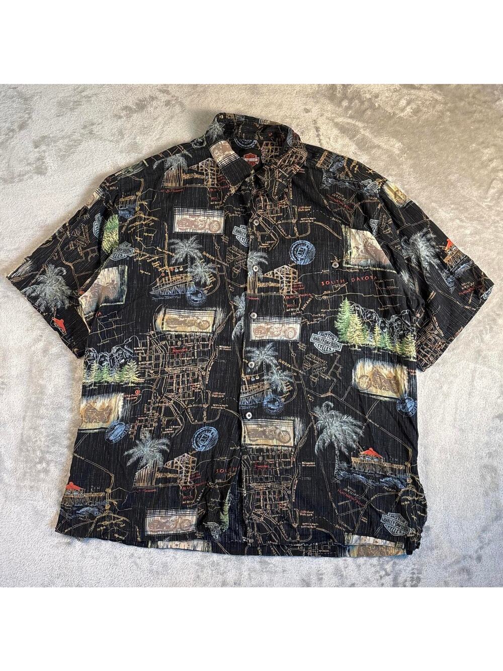 VTG Harley-Davidson South Dakota Map Print Hawaiian Camp Shirt Black Men’s Large
